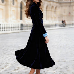 Cyflymder Elegant Double Breasted Velvet Dress for Women's Long Sleeve Notched Collar Solid Casual Patchwork Autumn with Pockets Dresses