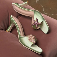 Cyflymder Thai Rhinestone Square Toe High Heel Sandals Women Summer Outdoor Block Heel Gorgeous Satin Slides Premium Footwear