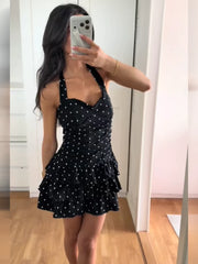 Cyflymder Polka Dot Mini Skirt For Women Halter Sweetheart Neck Open Back Ruched Waist Double Tier Ruffle Hem Dress Lady's Vacation Frock