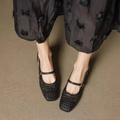Cyflymder French Single Shoes Women Spring Summer Cutout Woven Square Toe Kitten Heel Block Heel Off-White Sandals