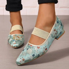 Cyflymder Women's Low Heels Shoes Woman Elastic Band Point Toes PUmps Shallow Cloth Fabric Embroidery Women Ladies Square Heel Shoe