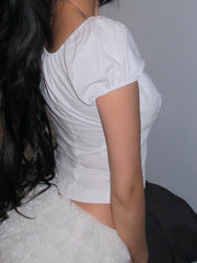 Cyflymder French Style Slim Solid Blouse Holiday Casual Deep V-Neck Short Puff Sleeve Shirts Women 2025 Summer Fashion Streetwear