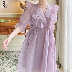 Cyflymder Women Summer Sweet Dress Purple Ruffles V-neck Soft Kawaii Korean Mujer Tender Vestidos Lady Elegant Beach Dress