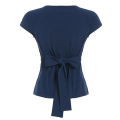 Cyflymder Milkmaid V-neck Top Women's Elegant Slim-fit Back Tie-up Bow T-shirt Short Sleeve Causal Basic Tees Streetwear Retro