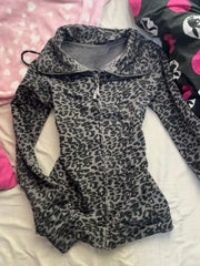 Cyflymder American Style Streetwear Leopard Print Hooded Zip-up Hot Girl Punk Long sleeves 2000s Y2k Woman Hoodies Clothes Goth Sweatshirt