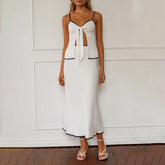Cyflymder Elegant Women's 2 Piece Summer Set Contrast Trim V Neck Open Front Knotted Crop Cami Tops Midi Dress for Party Club