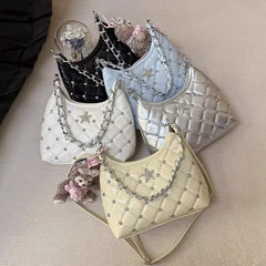 Cyflymder Vintage White Y2k Underarm Bagwomen 2025 New Trendy Beading Chain Leather Shoulder Bags Female Retro Casual Crossbody Bags New