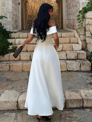 Cyflymder Classic Sexy Slash Neck Dress Women Elegant Solid Simple Office Birthday Evening Cocktail Party Stretchy Maxi Bodycon