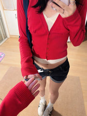 Cyflymder Red Knitted Short Sweater Cardigan Woman Autumn V-neck Single Breasted Long Sleeve Knitwear Top Casual Simple Solid Crop Tops