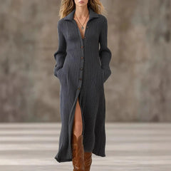 Cyflymder Women's Knitted Sweater Dress Long Sleeve Turn Down Collar Single Breasted Pockets Slim Solid Elegant Vintage Casual Midi Dress