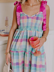 Cyflymder Elegant Sleeveless Maxi Dress with Tie-Shoulder Detail and Ruffled Trim in Chic Plaid Pattern for Women s Fashion