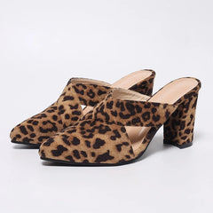 Cyflymder Leopard print pointy head high heel slippers female new summer outside wear big yards Baotou half slippers