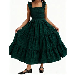 Cyflymder Shirred Elastic A-line Dresses Cottage Vintage Plaid Maxi Dress Women Ruffles Sleeveless Sqaure Collar Flowy Long Dress