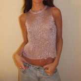 Cyflymder Women New 2025 Sexy Sleeveless Tank Tops Sparkling Fashion See-through Simple Style Carnival Party Vest Tops Y2K Streetwear