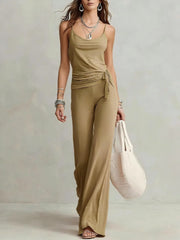Cyflymder Spring Women's Clothing Solid Color Sexy Outfits Top Set High Waist Wide Leg Pants For Polyester