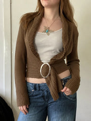 Cyflymder casual vintage solid Turn Down Collar long sleeve short slim-waist knitted Cardigan