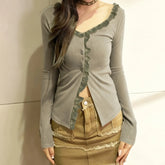 Cyflymder Sweet Elegant Spliced Constrast Color Lace Edge Cardigan Y2k Autumn Street Single Breasted Korean Clothes Harajuku Casual Tops