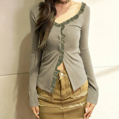 Cyflymder Sweet Elegant Spliced Constrast Color Lace Edge Cardigan Y2k Autumn Street Single Breasted Korean Clothes Harajuku Casual Tops