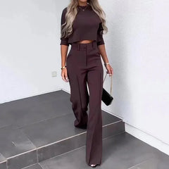 Cyflymder Spring and Autumn New Fashion Small High Neck Fit Women's Set Solid Pocket Micro Horn Pants Set for office lady Outfits