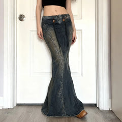 Cyflymder Autumn new low waisted drawstring casual embroidered retro vintage denim skirt