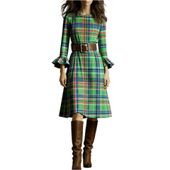 Cyflymder Ladies' Bohemian Style Temperament Pleated Skirt Fashionable Round Neck Plaid Print edRetro Long Sleeved Casual A-line Dress