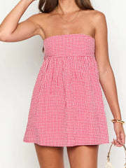 Cyflymder Women s Sleeveless Plaid Mini Dress with Off-Shoulder Bandeau Design Strapless Tube Top Style and Two Convenient Pockets