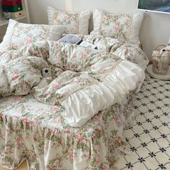 Cyflymder Korean Style Flowers Printing Bedding Set 100% Cotton Princess Lace Ruffles Duvet Cover Bed Skirt Pillowcases Girls Bedclothes
