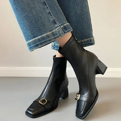 Cyflymder Vintage Thick Heel Woman Ankle Boot Fashion Belt Buckle Ladies Elastic Slim Short Booties Autumn Winter Women's Shoes