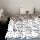 Cyflymder High End Cartoon Embroidered Queen Bedding Set 100% Lyocell Stripes Skin Friendly Duvet Cover Set Natural Plant Quilt Cover Sets