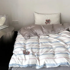 Cyflymder High End Cartoon Embroidered Queen Bedding Set 100% Lyocell Stripes Skin Friendly Duvet Cover Set Natural Plant Quilt Cover Sets