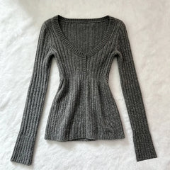 Cyflymder Grey Retro Slim Fit Knitted Long Sleeved T-Shirt For Women Evil Letter Gothic Embroidered Rolled Edge Base Shirt Punk Hot Girl