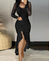 Cyflymder Spring Elegant Party Tight Dress Women Fashion V-Neck Hollow Out Sequin Lace Long Sleeve Ruched Bodycon Dress Woman