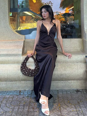 Cyflymder Deep V Pleat Slip Long Dress Women Sexy Sleeveless Backless Waist Cinching Hip Package Dragging Party Dresses Chic Ladies Robes