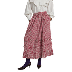 Cyflymder Women's Plaid Print Frill Trim Ruffled Long Skirt Autumn Casual Elastic High Waist Loose Fit A-Line Skirt for Streetwear