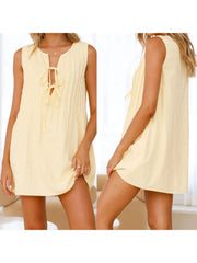 Cyflymder Women s Casual Sleeveless V-Neck Mini Dress with Front Tie Detail and Pleated Skirt for Summer Beach Party