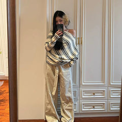 Cyflymder Casual Striped Women Sweater Slash Neck Long Sleeve Temperament Jumper Sueter Mujer Fashion Knitted Pullovers Tops Pull Femme