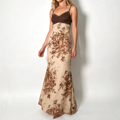 Cyflymder Women's Elegant Brown And Cream Floral Maxi Slip Dress Lace-Trimmed Spaghetti Straps, Vintage-Inspired Floor-Length Outfits Chic