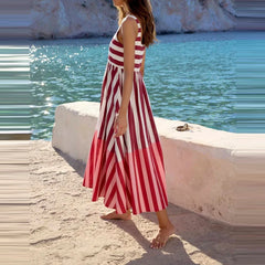 Cyflymder Summer Hollow Out Pleated Vacation Maxi Dress Leisure High Waist Sleeveless Party Dress Fashion Stripe Print Halter Beach Dress