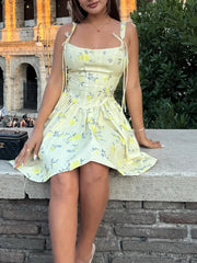 Cyflymder Women's Yellow Printed Halter Dress Slim Fit Bow Detail Summer Fashion Casual Dress for Holidays