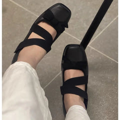 Cyflymder Single Shoe Women Autumn Mary Jane Single Shoe Women Retro Cross Bow Square Toe Thick Soled Ballet Shoes Retro Shoes Women