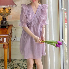 Cyflymder Women Summer Sweet Dress Purple Ruffles V-neck Soft Kawaii Korean Mujer Tender Vestidos Lady Elegant Beach Dress