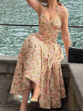 Cyflymder Women Elegant Floral Print Halter Neck Maxi Dress Sexy Sleeveless Corset Waist A-line Long Dress Lady Vintage Summer Party Wear