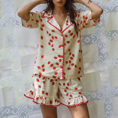 Cyflymder Women's Y2K 2Piece Pajamas Set Loungewear Strawberry/Plaid Print Short Sleeve Lapel Tops +Ruffled Hem Shorts Sleepwear