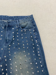 Cyflymder Vintage Rivet Jeans high street retro loose letter printing women jeans ins versatile fashion street straight wide-leg pants
