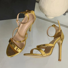 Cyflymder Gold Snake Print Leather Ankle Strap Sandals Women Summer Fashion Open Toe Gladiator High Heels Party Dress Shoes Size 42