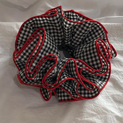 Cyflymder 1PC Black And White Gingham Hair Scrunchie With Red Trim, Large Voluminous Hair Tie, Stylish Hair Accessory For Women