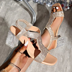 Cyflymder Summer Rhinestone Sandals Women Square Toe Buckle Strap Shoes 7CM Clear PVC Transparent High Heels Lady Party Dress Sandalias