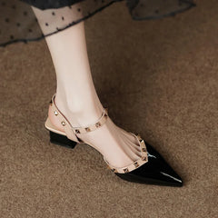 Cyflymder Summer New French Coarse Heel Baotou Sandals Women Soft Leather Pointed Rivet Shallow Mouth Lacquer Leather Single Shoes Women