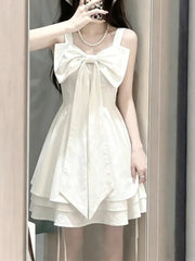 Cyflymder Japanese Sweet White Bowknot Sleeveless Sling Women New Lovely Fashion Slim Dresses Aesthetic Spring Kawaii Fairy Clothing