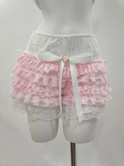 Cyflymder Aesthetic Y2K Lace Shorts Womens Harajuku Lolita Fairytale Pink Bow Cute Elastic Waist Multilayer Bottoming Shorts Sweet Girls